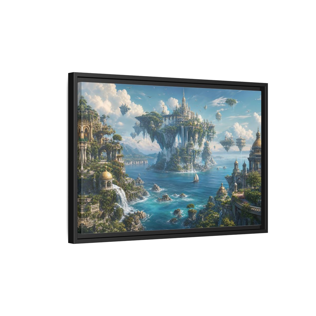 Side Mockup 3. Fairytale Floating City Fantasy Landscape shown as stretched canvas wall art