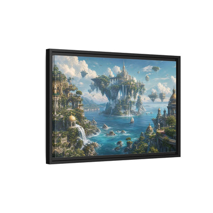 Side Mockup 3. Fairytale Floating City Fantasy Landscape shown as stretched canvas wall art