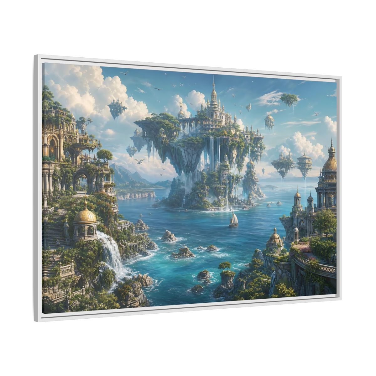 Side Mockup 7. Fairytale Floating City Fantasy Landscape shown as stretched canvas wall art