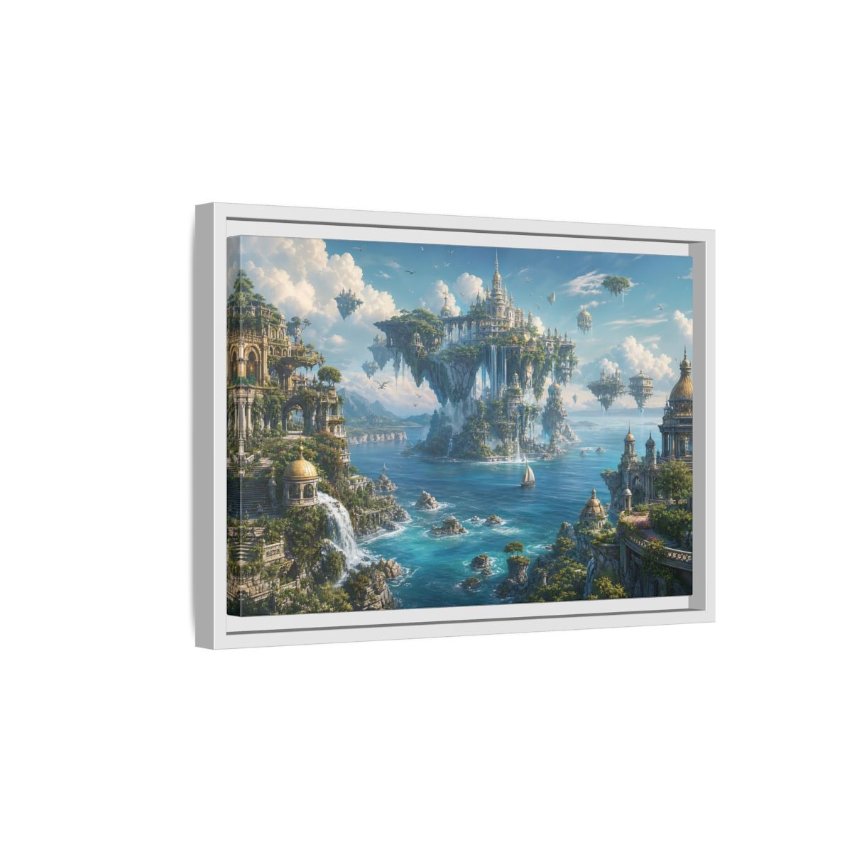 Side Mockup 4. Fairytale Floating City Fantasy Landscape shown as stretched canvas wall art