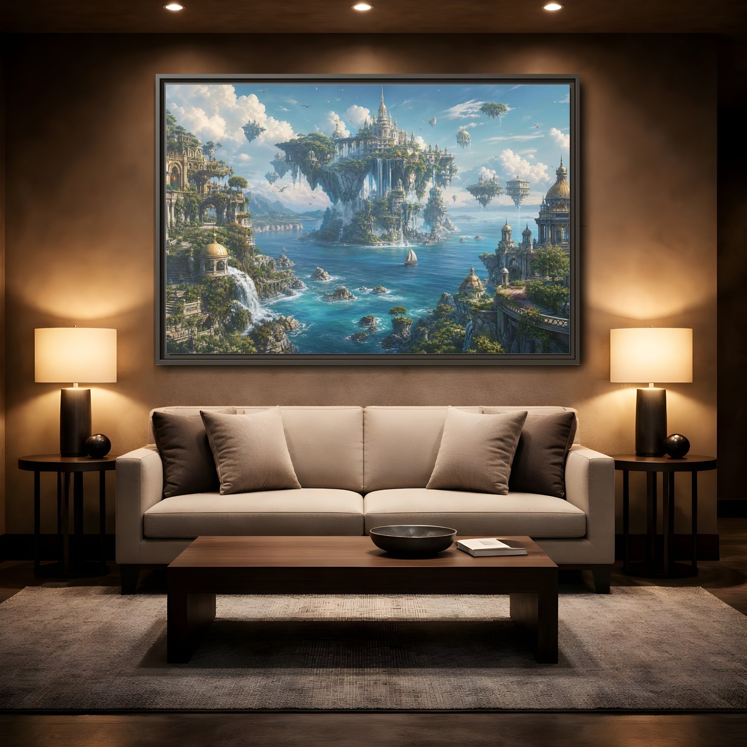 Mockup 2. Fairytale Floating City Fantasy Landscape shown as stretched canvas wall art