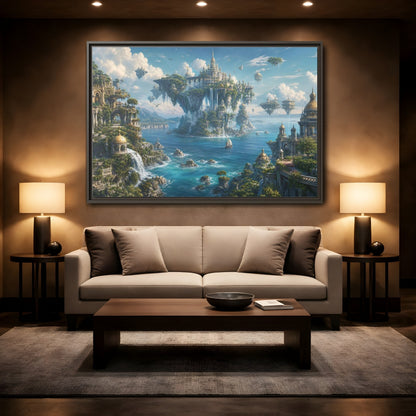 Mockup 2. Fairytale Floating City Fantasy Landscape shown as stretched canvas wall art
