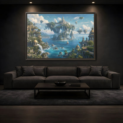 Mockup 3. Fairytale Floating City Fantasy Landscape shown as stretched canvas wall art