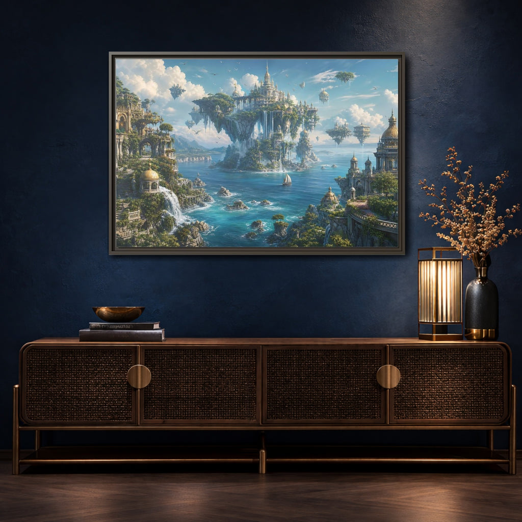 Mockup 4. Fairytale Floating City Fantasy Landscape shown as stretched canvas wall art