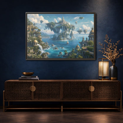 Mockup 4. Fairytale Floating City Fantasy Landscape shown as stretched canvas wall art