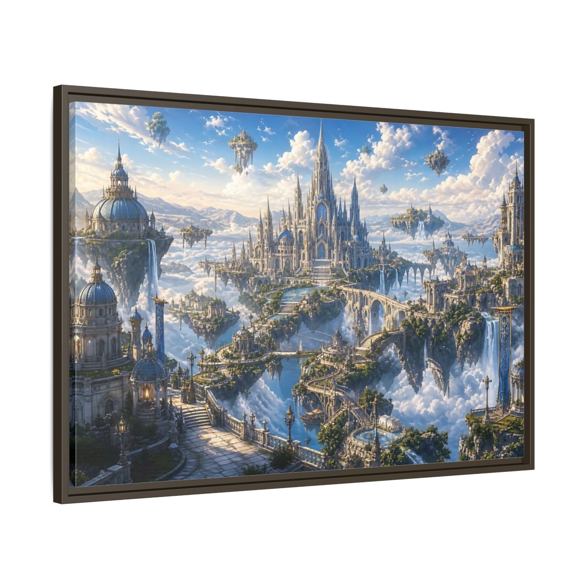 Main Mockup. Fairytale Floating City Fantasy Sky City shown as stretched canvas wall art