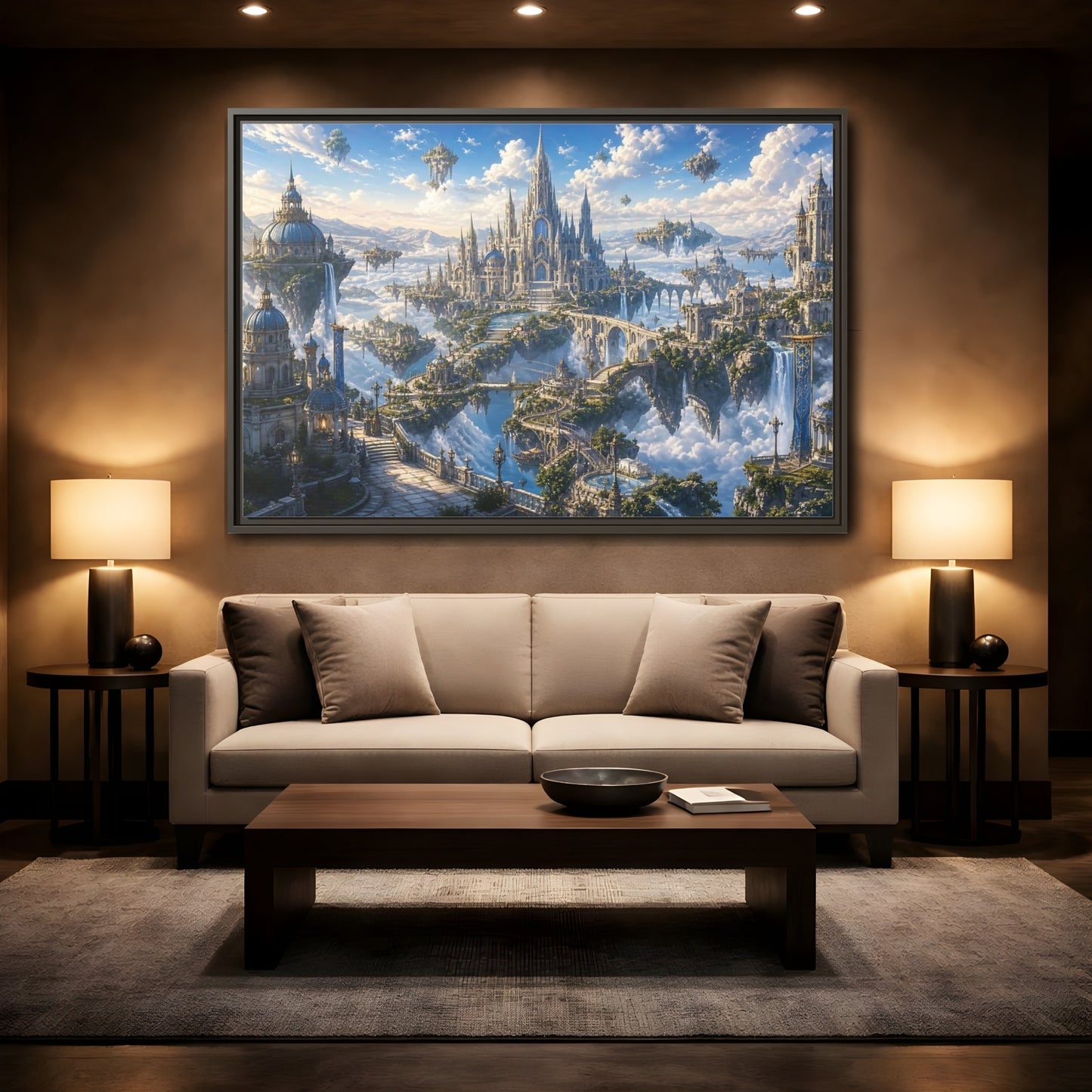Mockup 2. Fairytale Floating City Fantasy Sky City shown as stretched canvas wall art