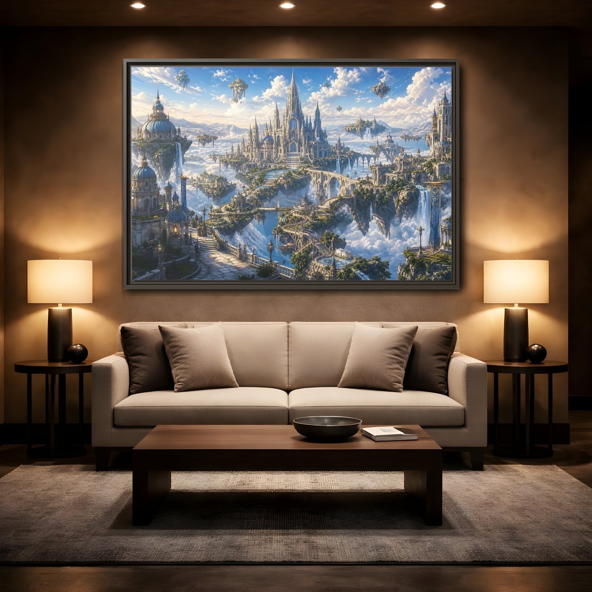 Mockup 2. Fairytale Floating City Fantasy Sky City shown as stretched canvas wall art