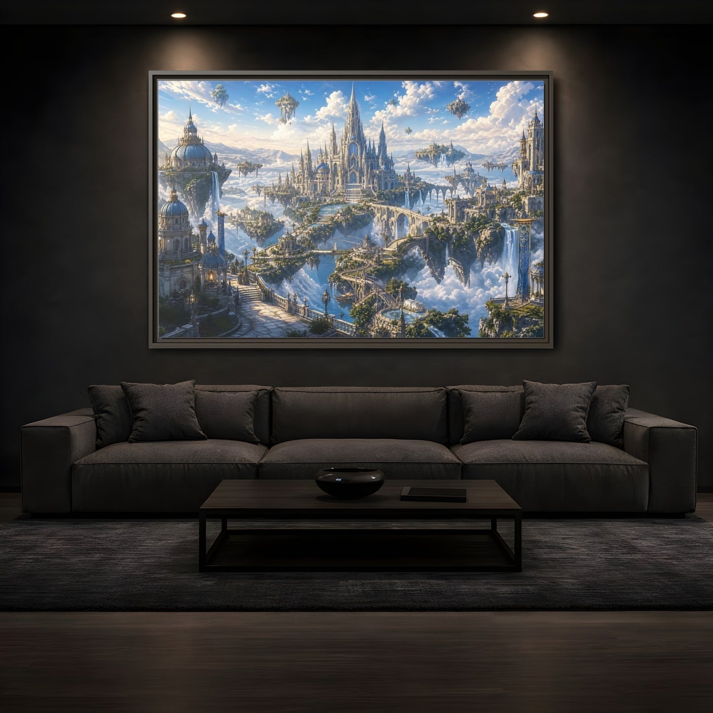 Mockup 3. Fairytale Floating City Fantasy Sky City shown as stretched canvas wall art