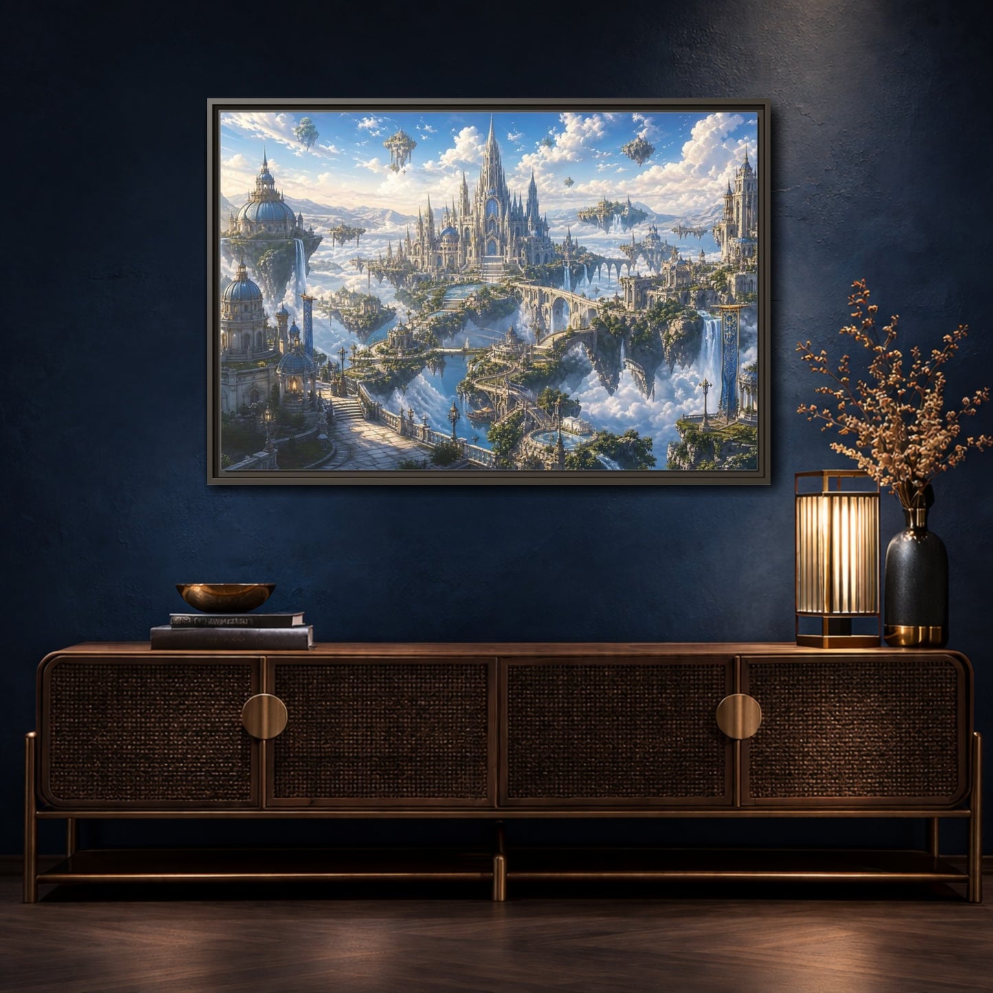 Mockup 4. Fairytale Floating City Fantasy Sky City shown as stretched canvas wall art