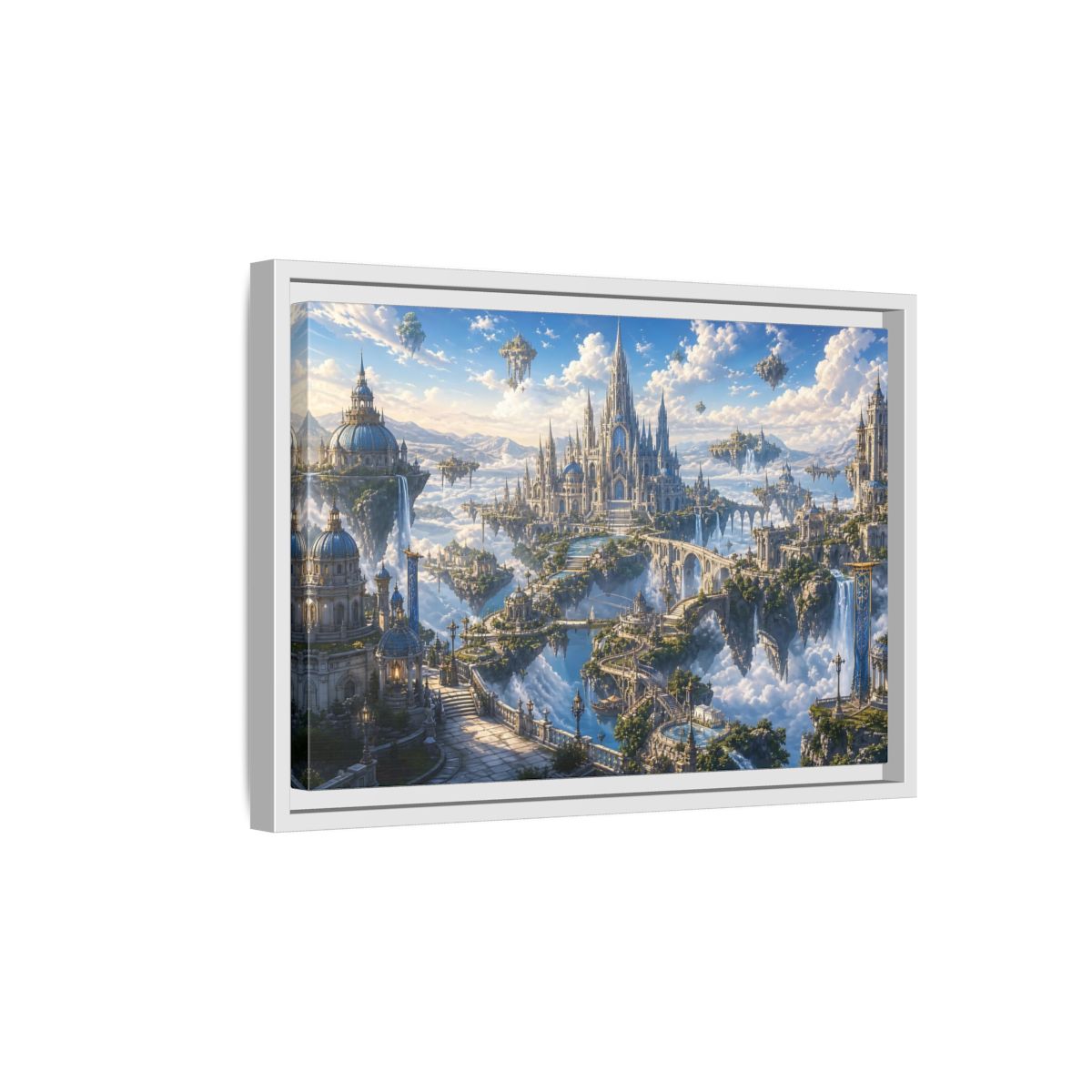 Side Mockup 4. Fairytale Floating City Fantasy Sky City shown as stretched canvas wall art