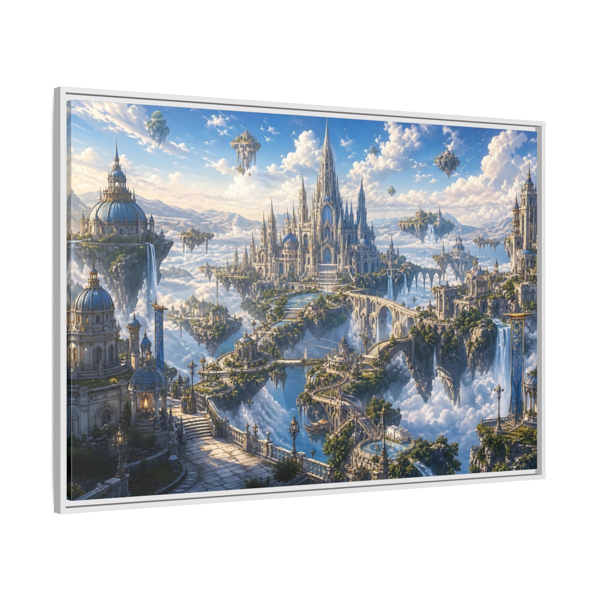 Side Mockup 7. Fairytale Floating City Fantasy Sky City shown as stretched canvas wall art
