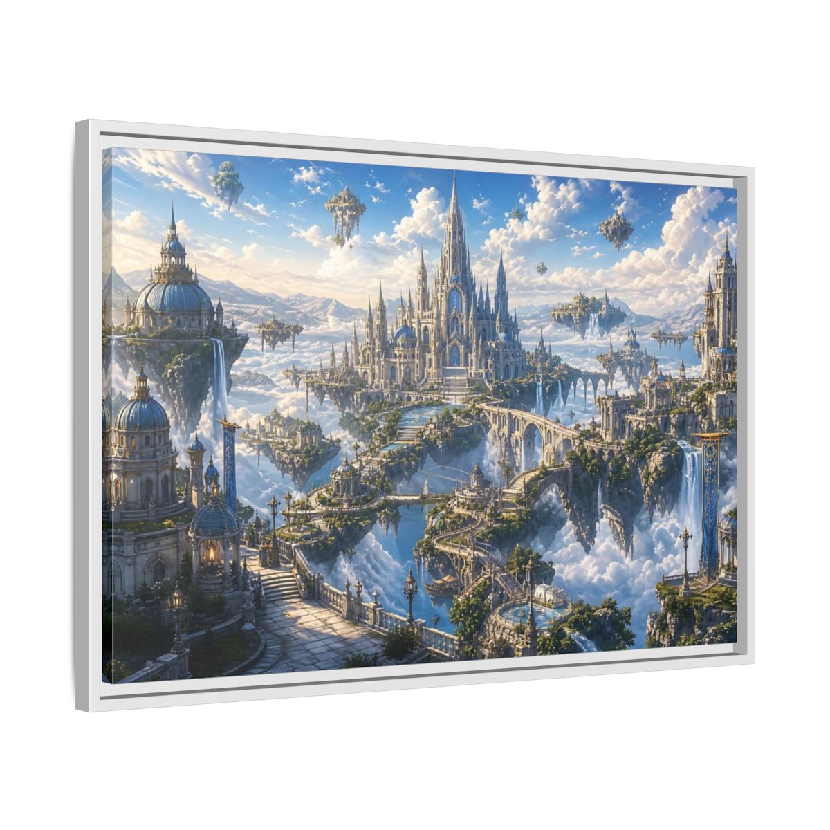 Side Mockup 10. Fairytale Floating City Fantasy Sky City shown as stretched canvas wall art