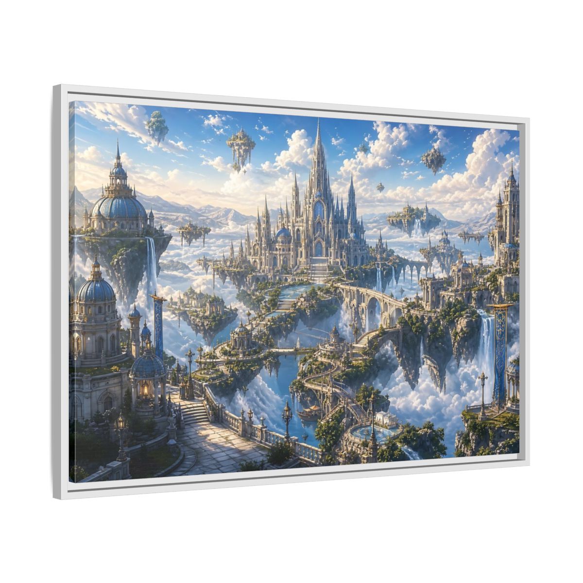 Side Mockup 9. Fairytale Floating City Fantasy Sky City shown as stretched canvas wall art