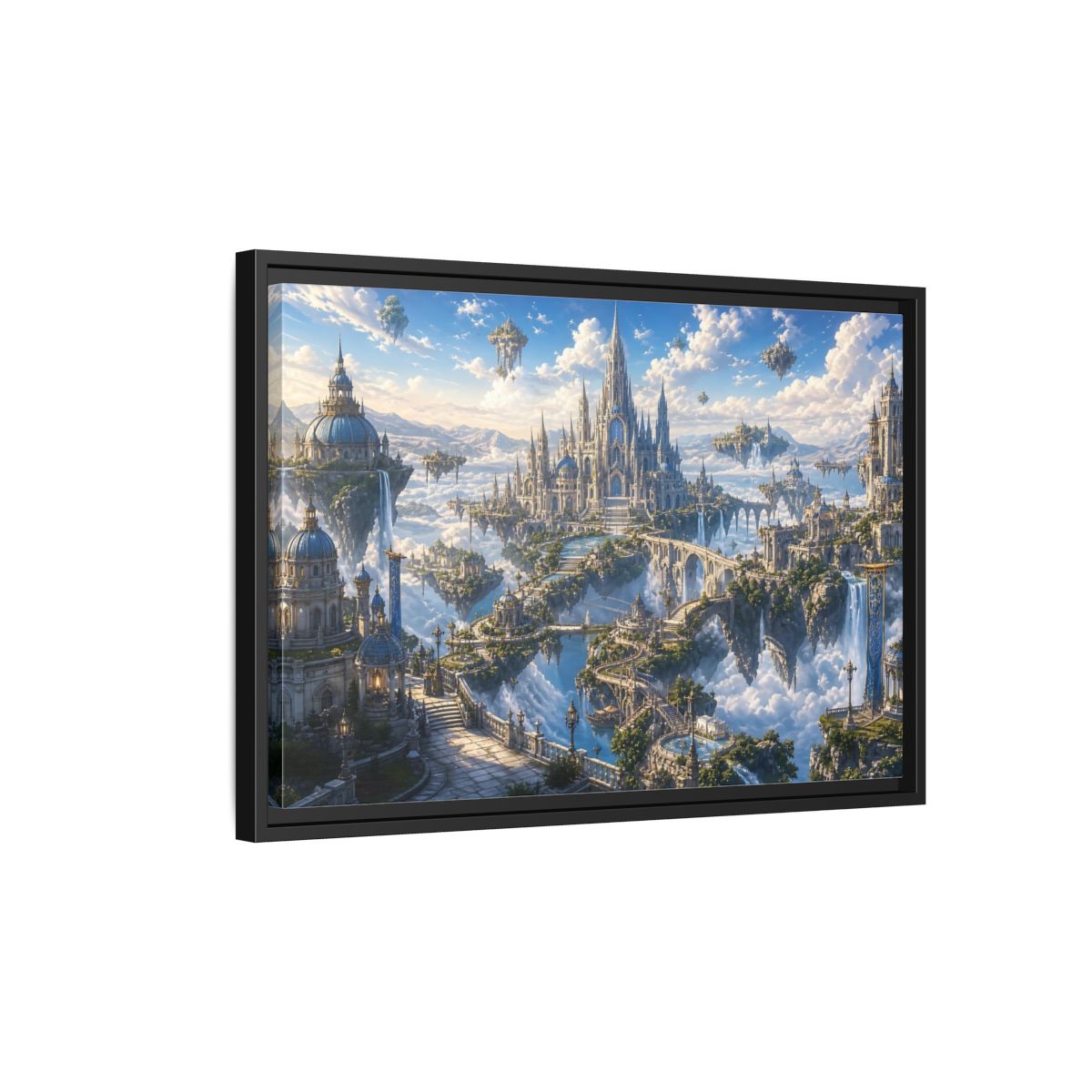 Side Mockup 3. Fairytale Floating City Fantasy Sky City shown as stretched canvas wall art