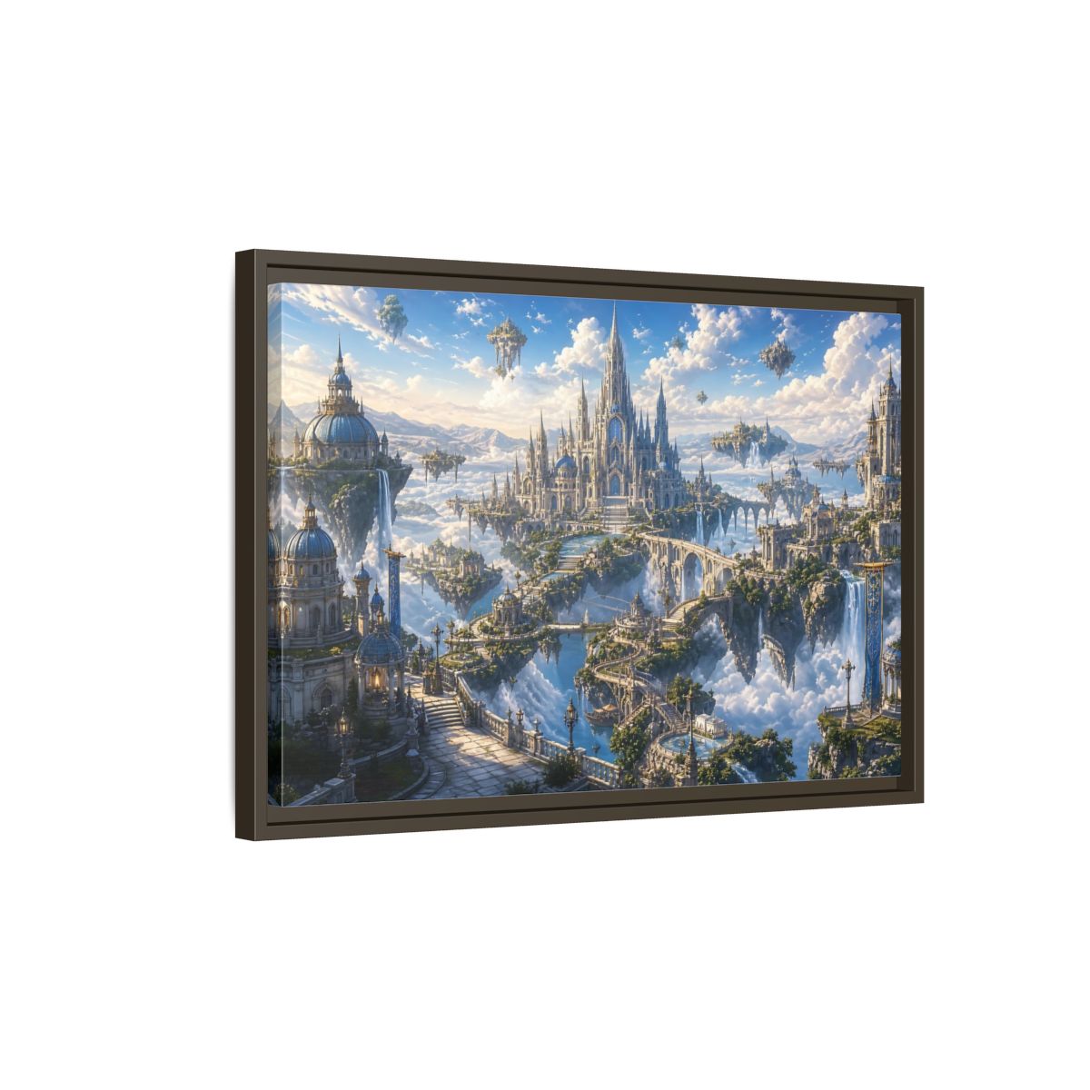 Side Mockup 2. Fairytale Floating City Fantasy Sky City shown as stretched canvas wall art