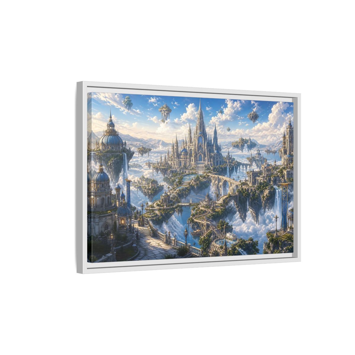 Side Mockup 1. Fairytale Floating City Fantasy Sky City shown as stretched canvas wall art