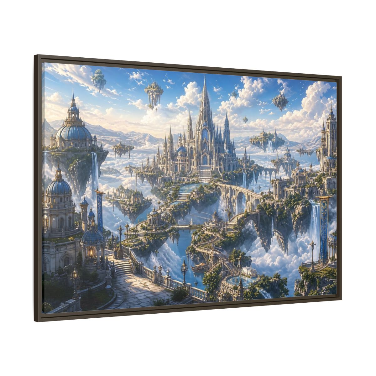 Side Mockup 8. Fairytale Floating City Fantasy Sky City shown as stretched canvas wall art