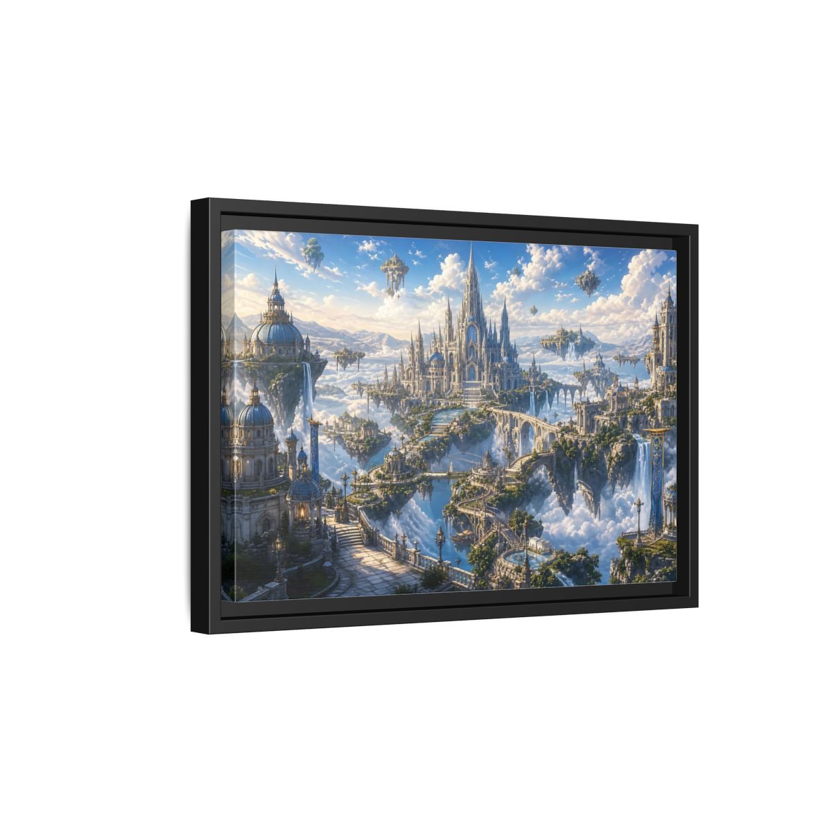 Side Mockup 6. Fairytale Floating City Fantasy Sky City shown as stretched canvas wall art
