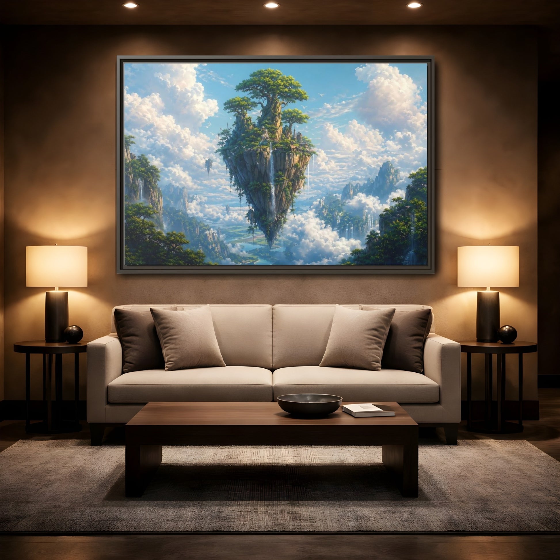 Mockup 2. Fairytale Floating Island Fantasy Island shown as stretched canvas wall art