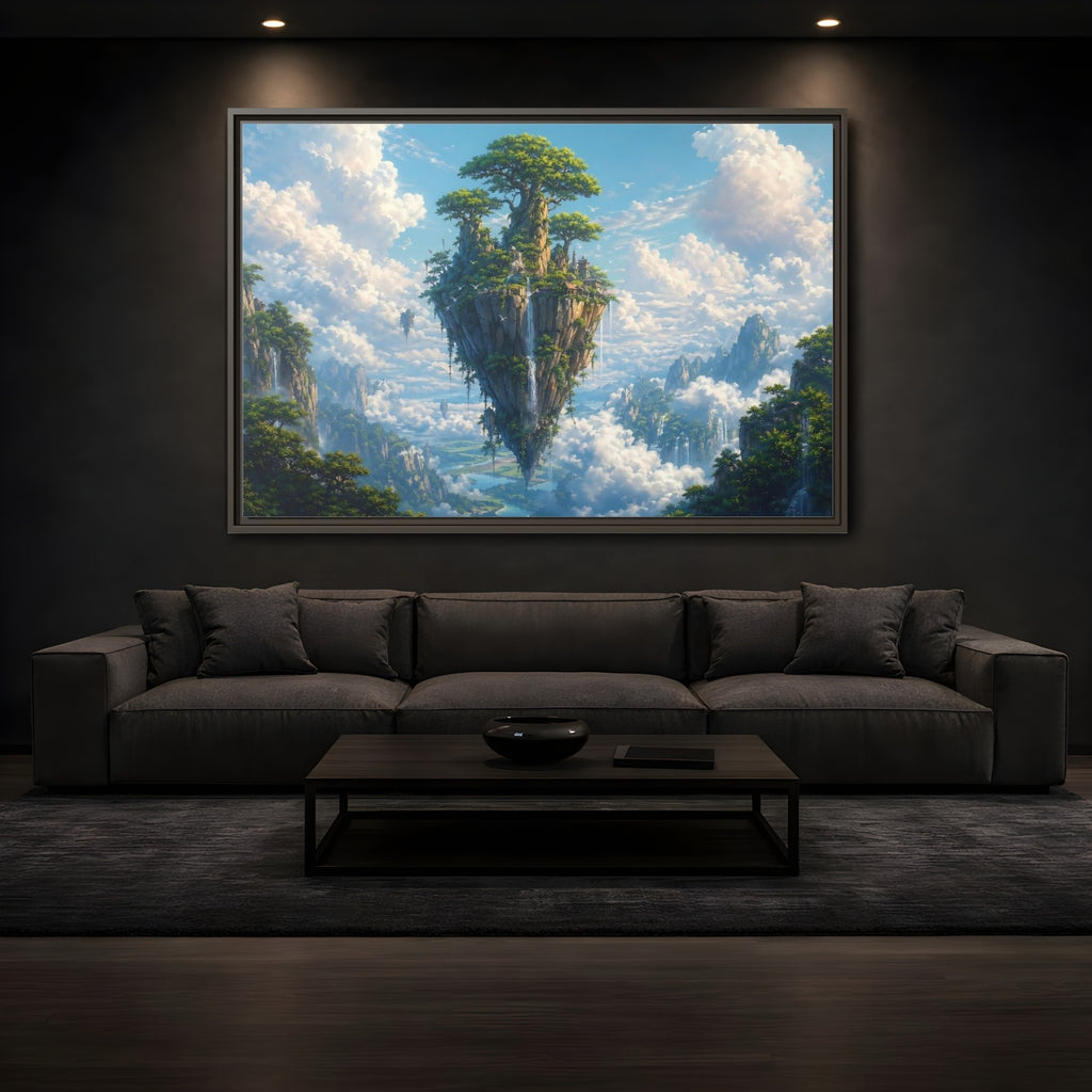 Mockup 3. Fairytale Floating Island Fantasy Island shown as stretched canvas wall art