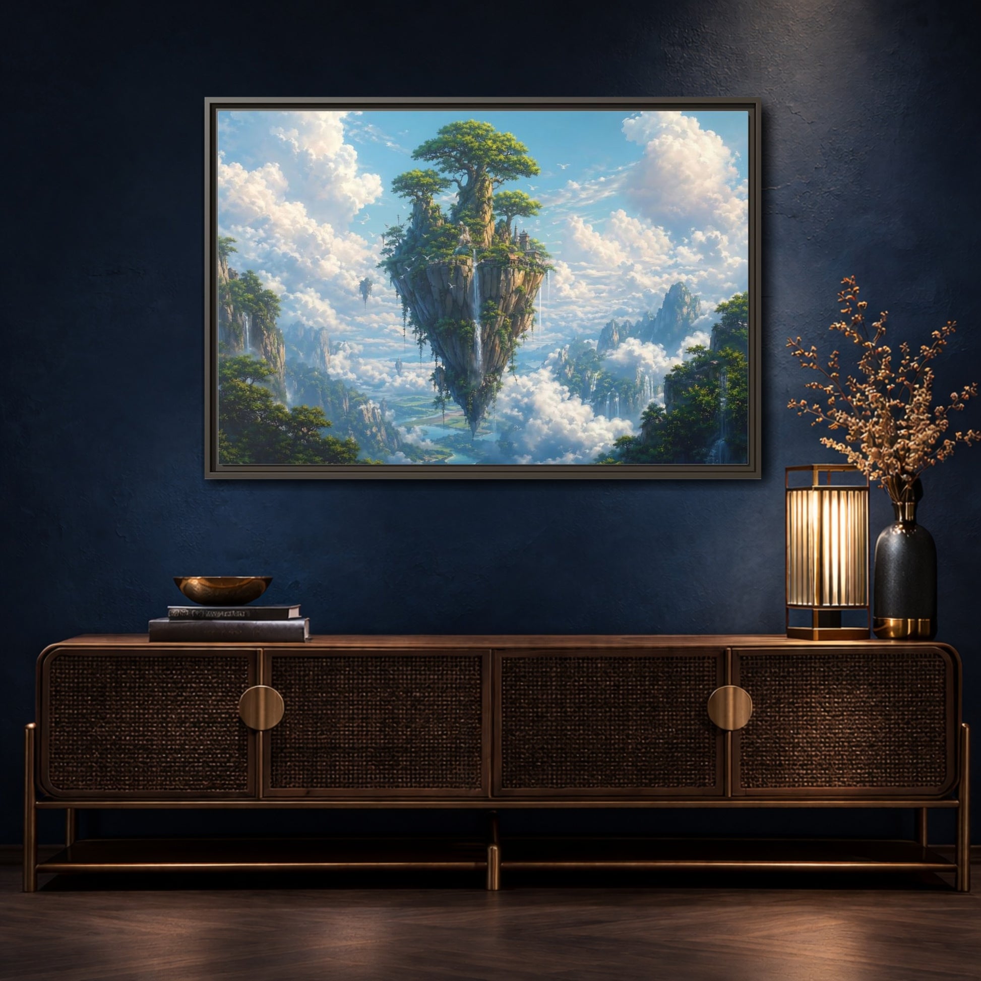 Mockup 4. Fairytale Floating Island Fantasy Island shown as stretched canvas wall art