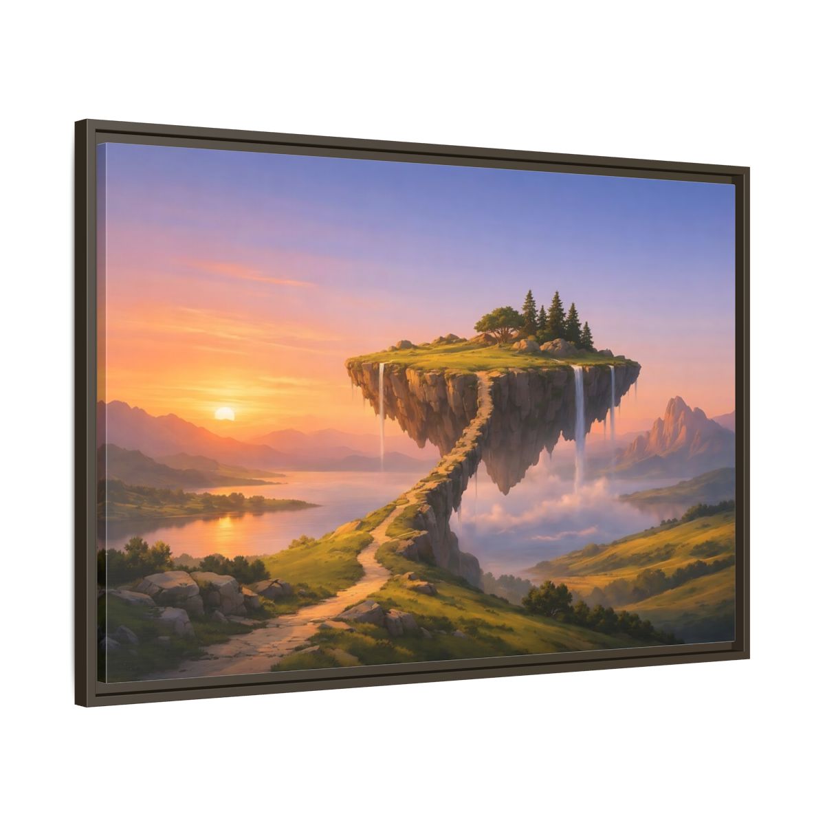 Main Mockup. Fairytale Floating Island Fantasy Sunset shown as stretched canvas wall art