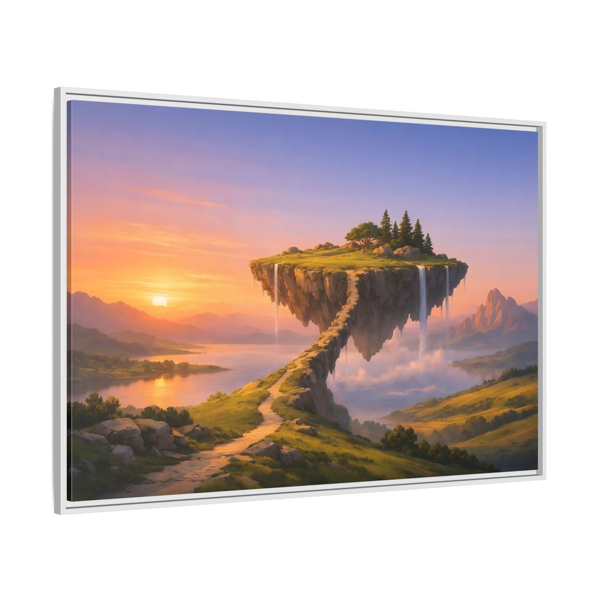 Side Mockup 7. Fairytale Floating Island Fantasy Sunset shown as stretched canvas wall art