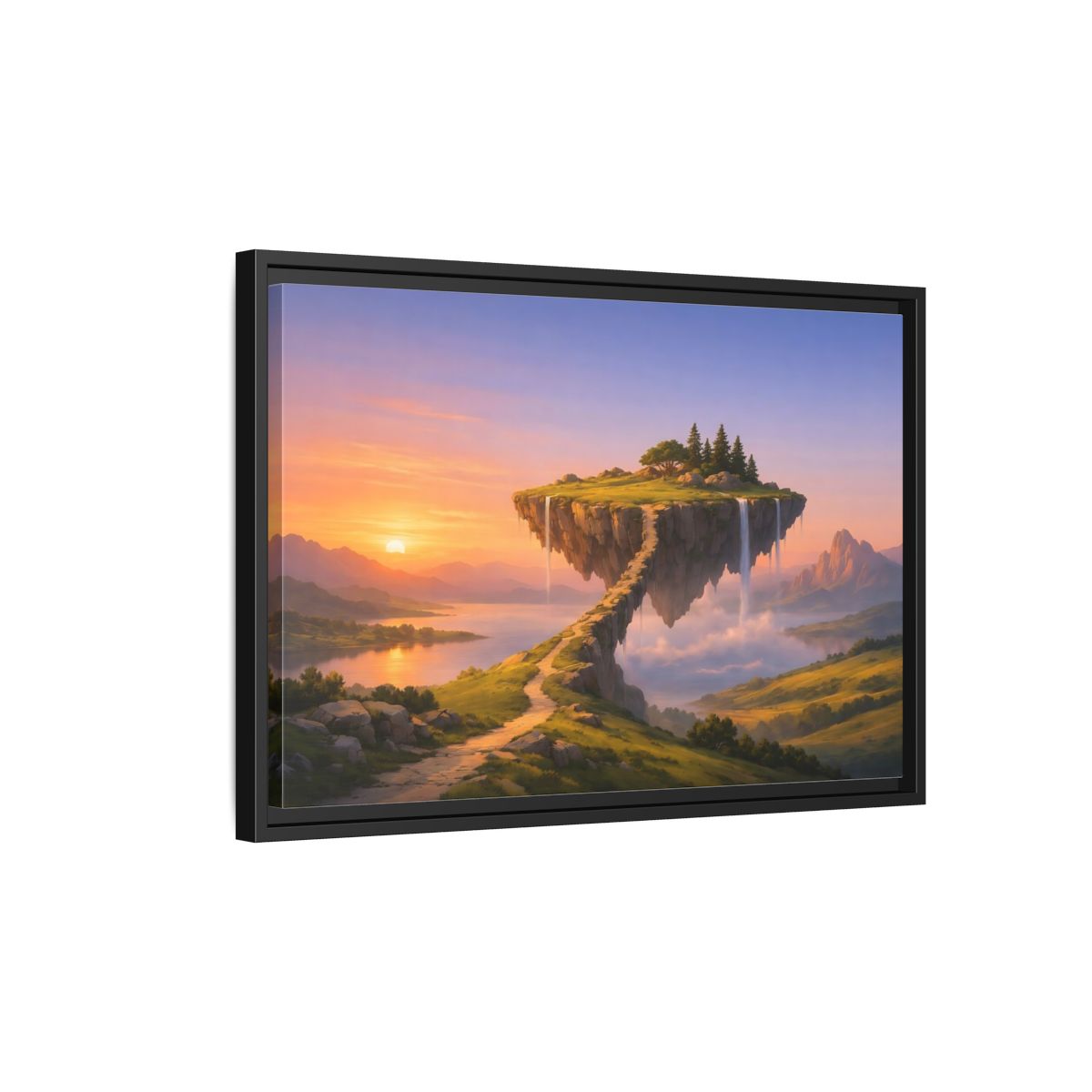Side Mockup 3. Fairytale Floating Island Fantasy Sunset shown as stretched canvas wall art