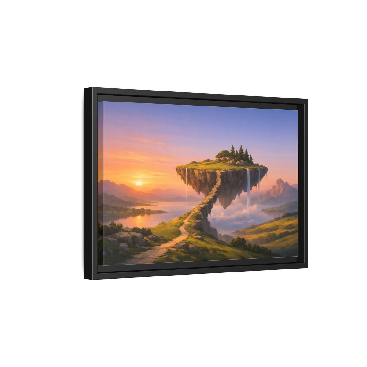 Side Mockup 6. Fairytale Floating Island Fantasy Sunset shown as stretched canvas wall art