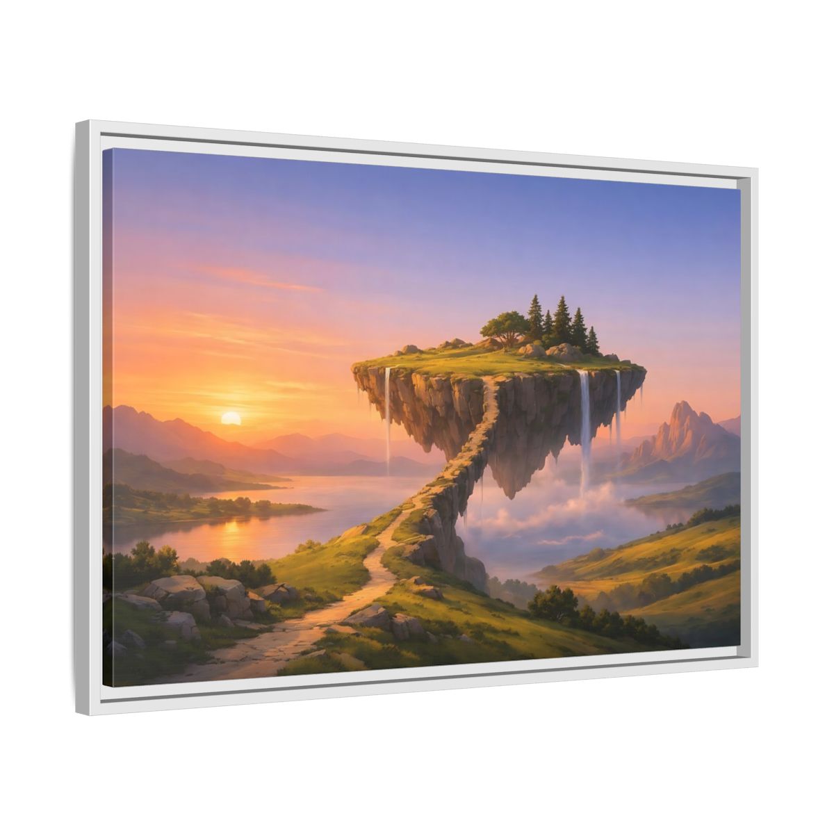 Side Mockup 10. Fairytale Floating Island Fantasy Sunset shown as stretched canvas wall art