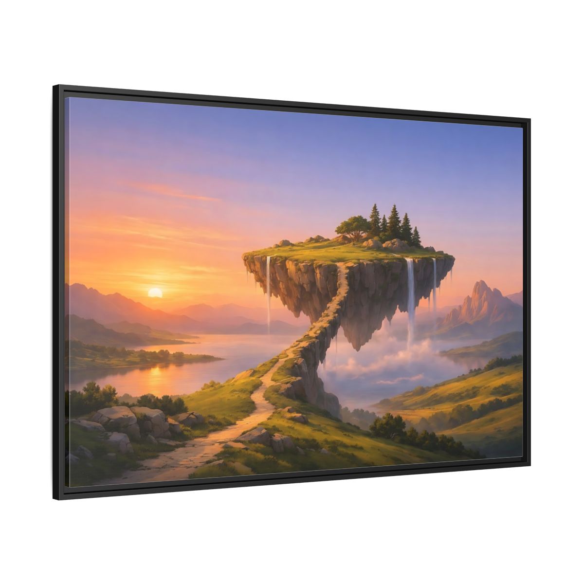 Side Mockup 12. Fairytale Floating Island Fantasy Sunset shown as stretched canvas wall art