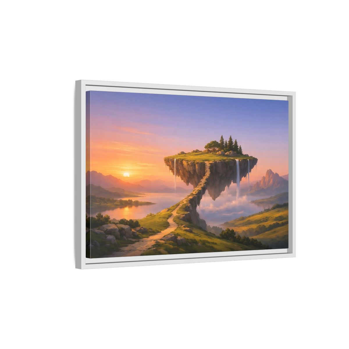 Side Mockup 1. Fairytale Floating Island Fantasy Sunset shown as stretched canvas wall art