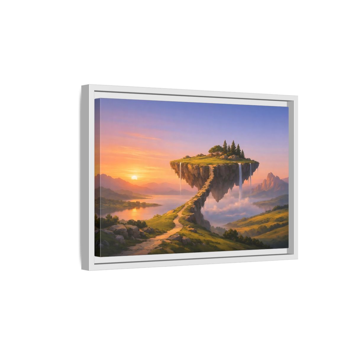 Side Mockup 4. Fairytale Floating Island Fantasy Sunset shown as stretched canvas wall art