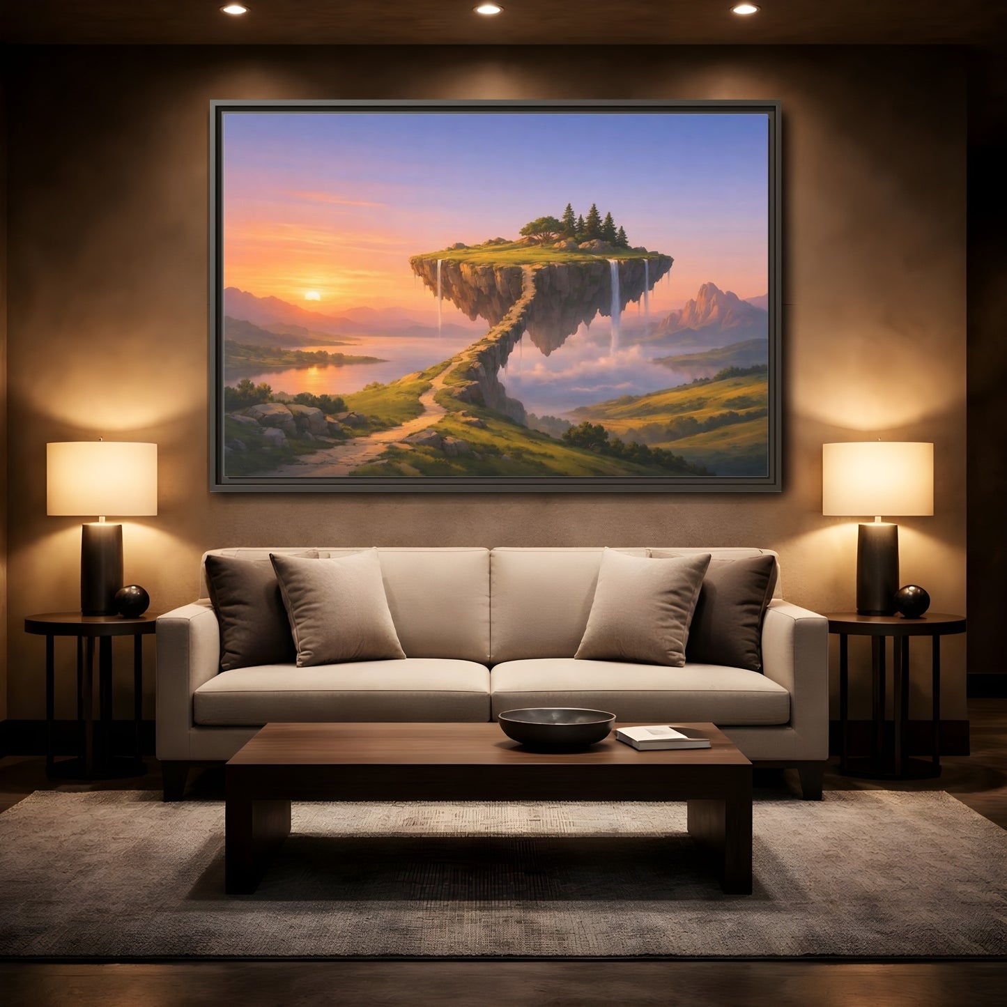 Mockup 2. Fairytale Floating Island Fantasy Sunset shown as stretched canvas wall art