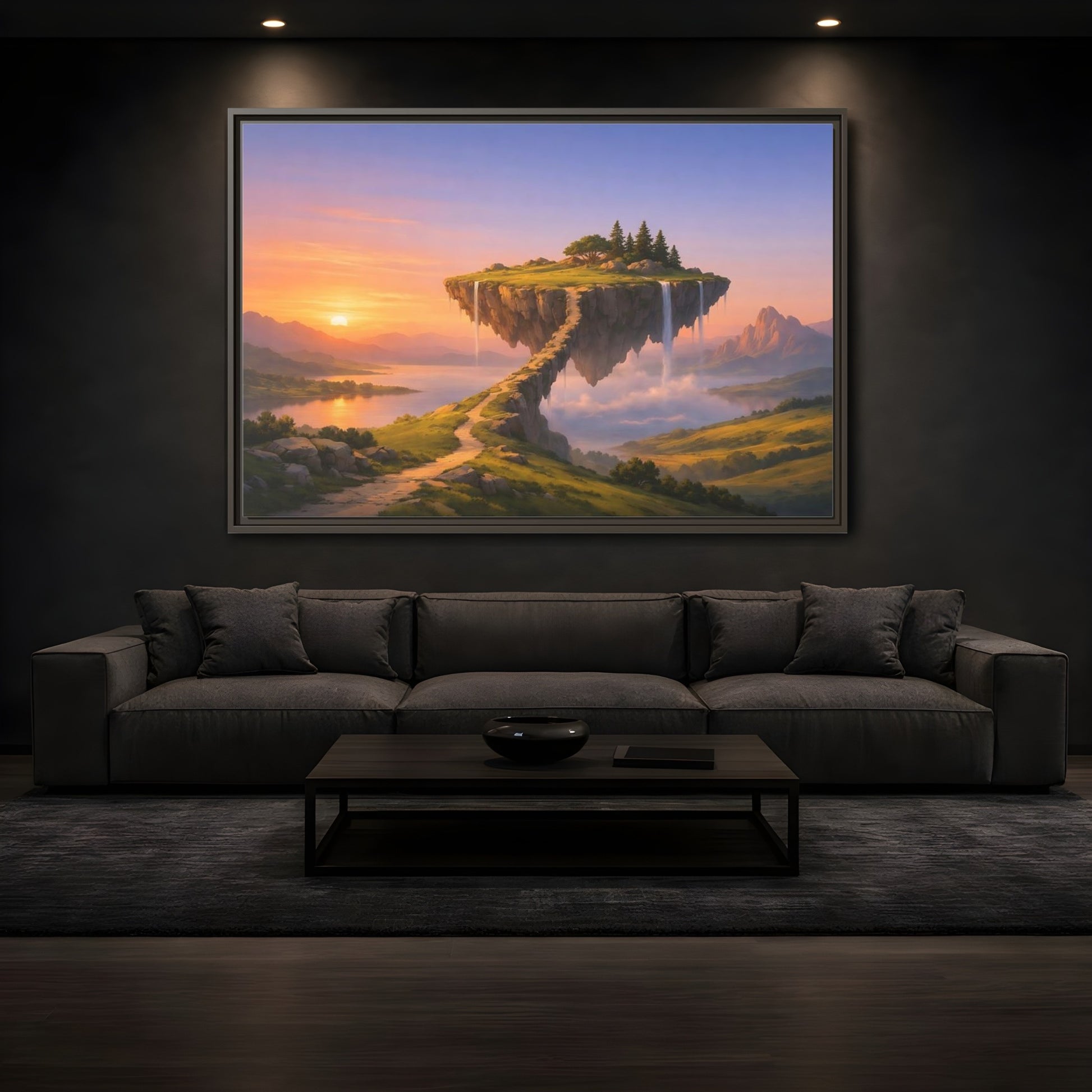 Mockup 3. Fairytale Floating Island Fantasy Sunset shown as stretched canvas wall art