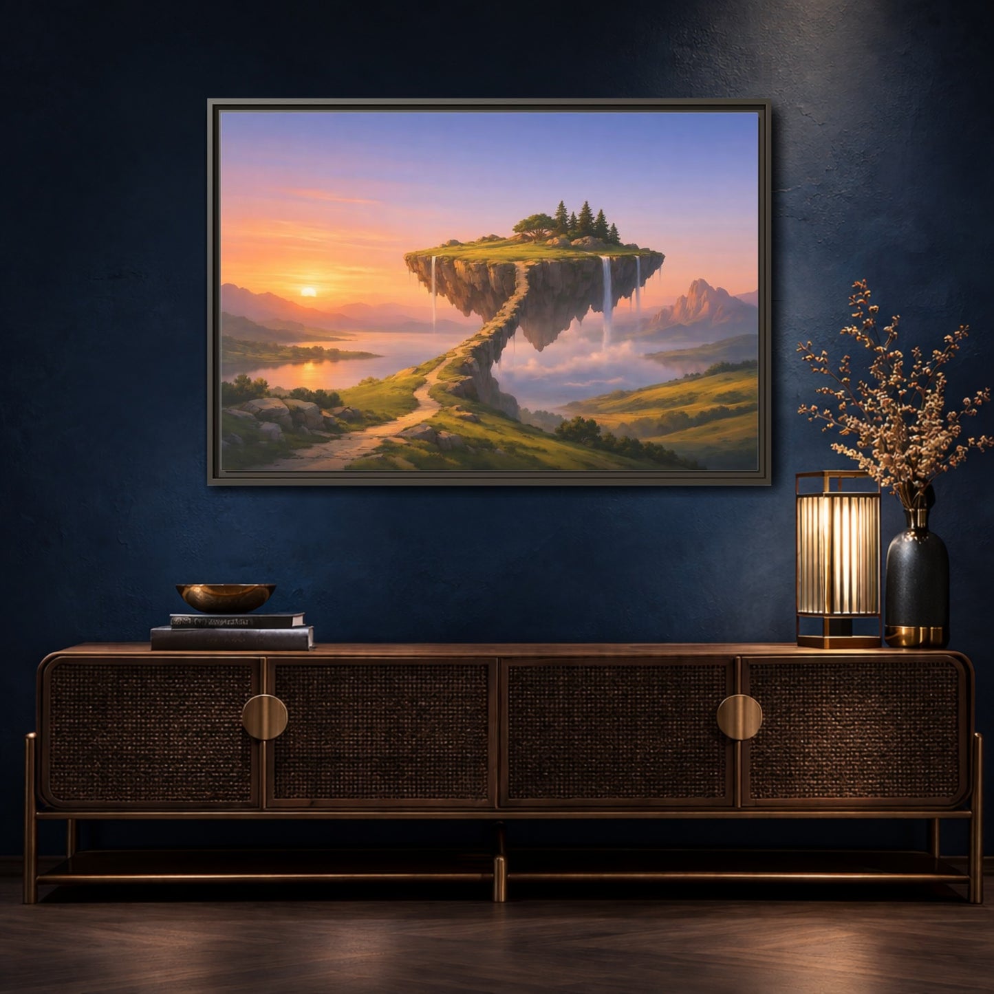 Mockup 4. Fairytale Floating Island Fantasy Sunset shown as stretched canvas wall art