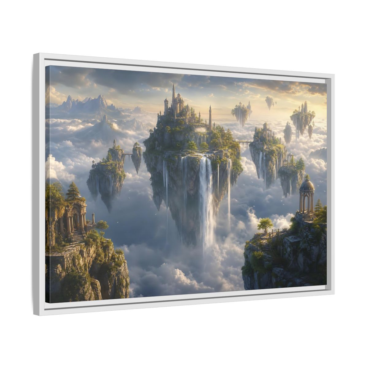 Side Mockup 10. Fairytale Floating Islands Fantasy Sky Kingdom shown as stretched canvas wall art