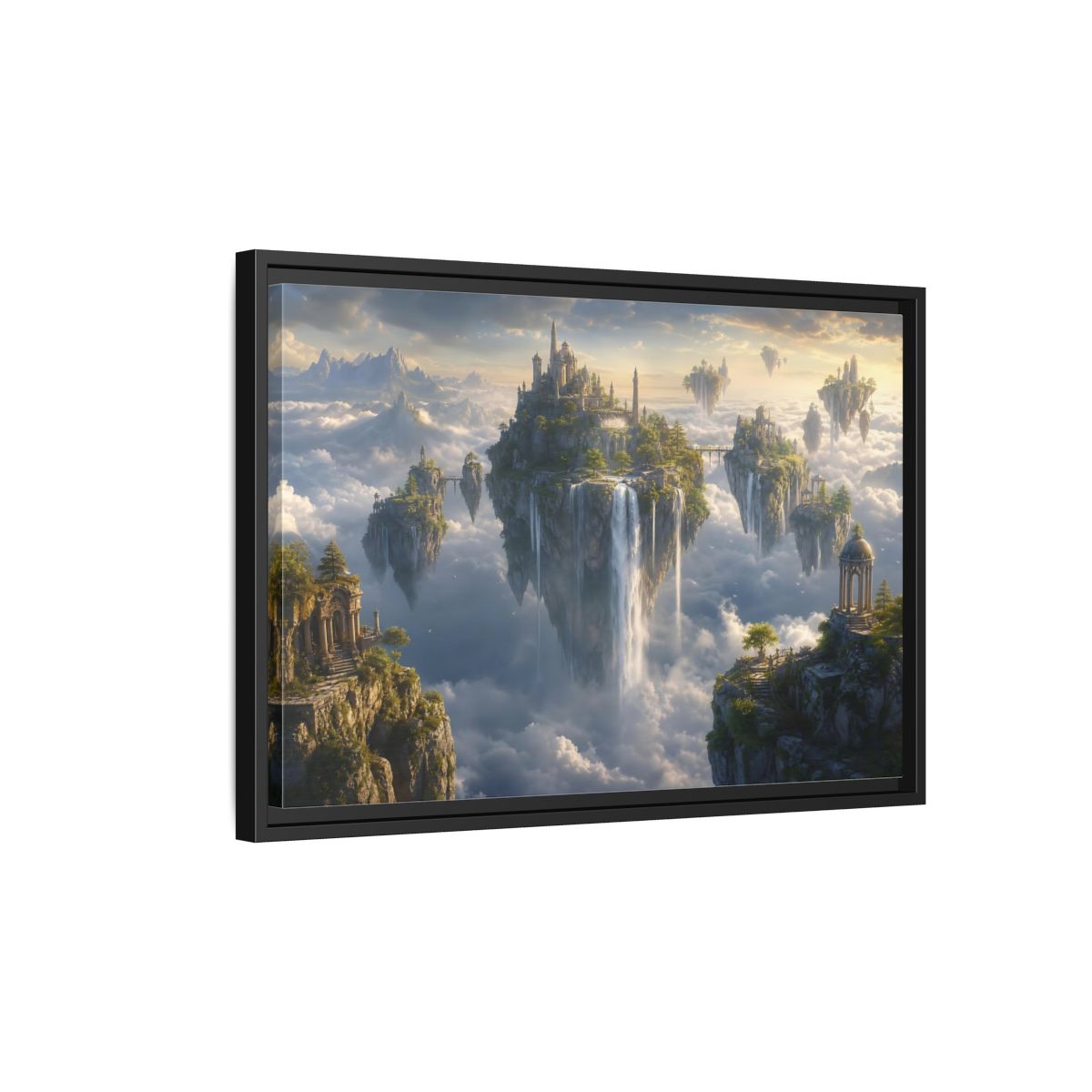 Side Mockup 3. Fairytale Floating Islands Fantasy Sky Kingdom shown as stretched canvas wall art