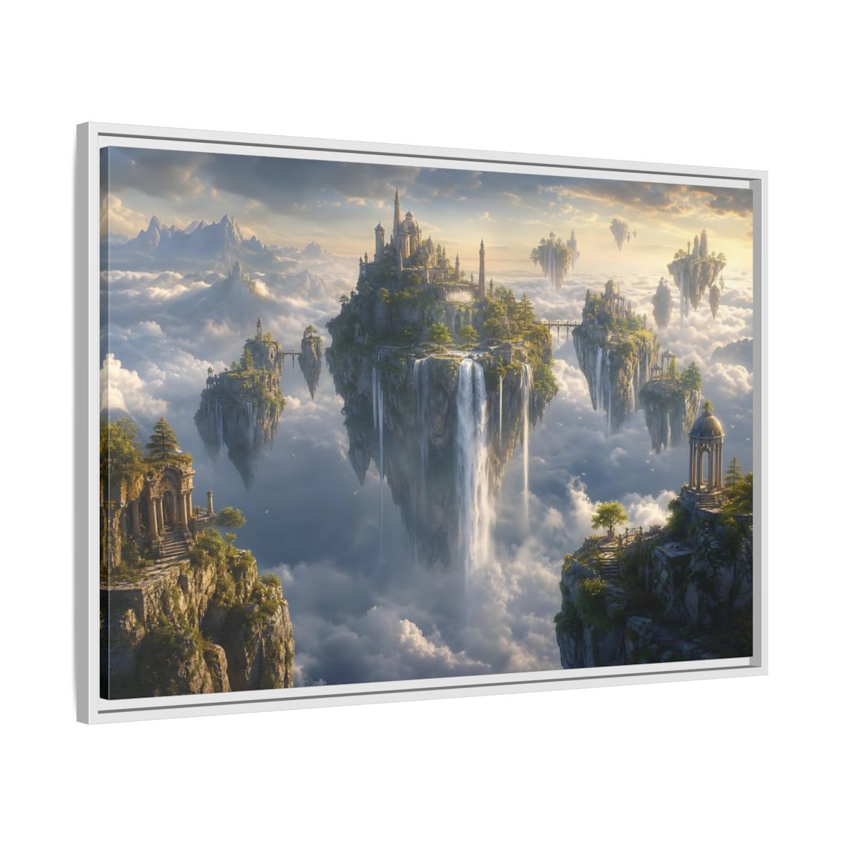 Side Mockup 9. Fairytale Floating Islands Fantasy Sky Kingdom shown as stretched canvas wall art
