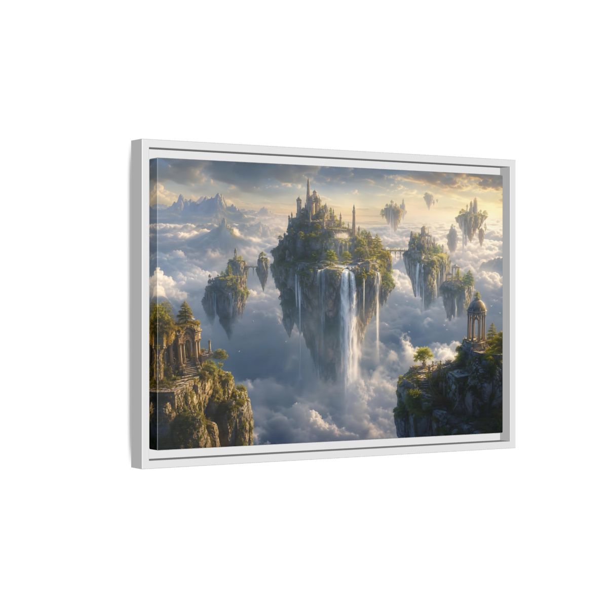 Side Mockup 1. Fairytale Floating Islands Fantasy Sky Kingdom shown as stretched canvas wall art