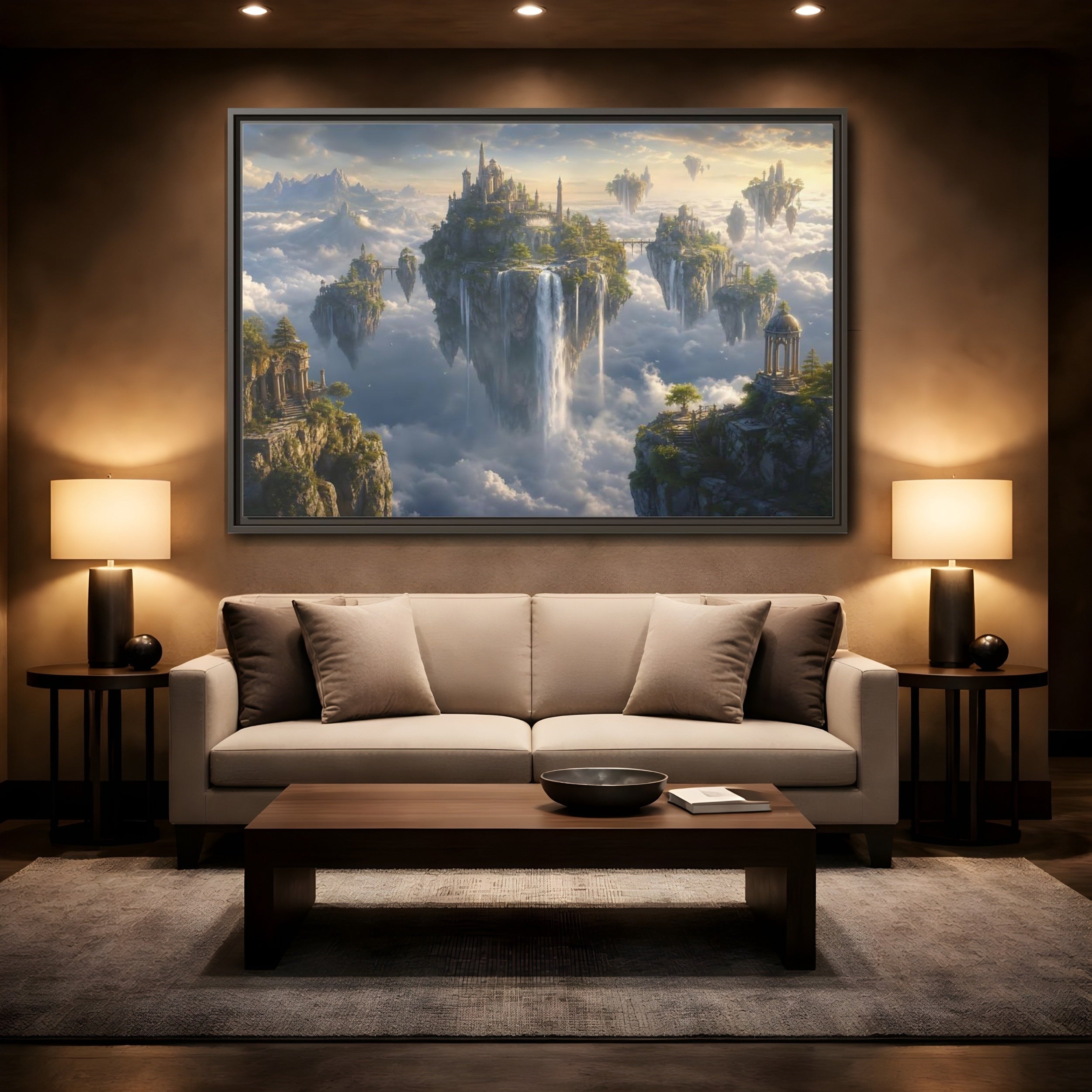 Mockup 2. Fairytale Floating Islands Fantasy Sky Kingdom shown as stretched canvas wall art