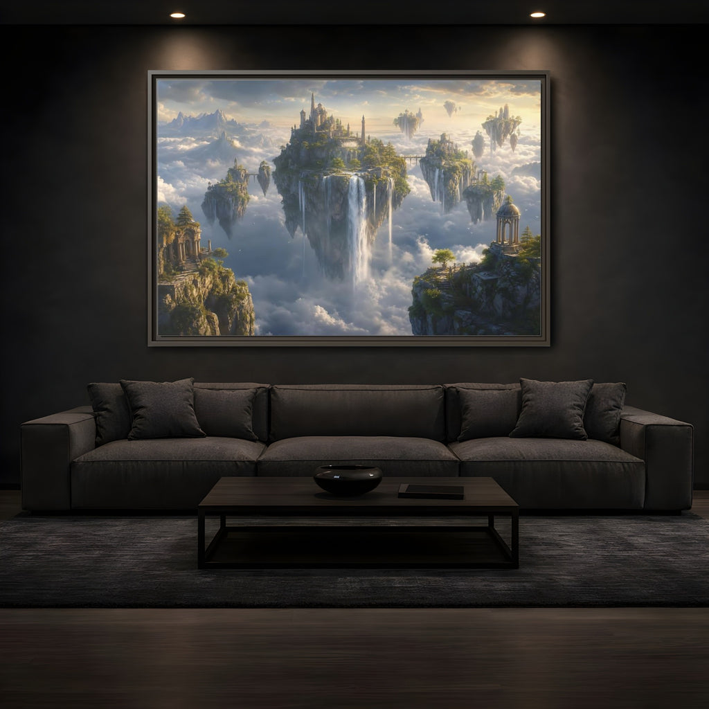 Mockup 3. Fairytale Floating Islands Fantasy Sky Kingdom shown as stretched canvas wall art