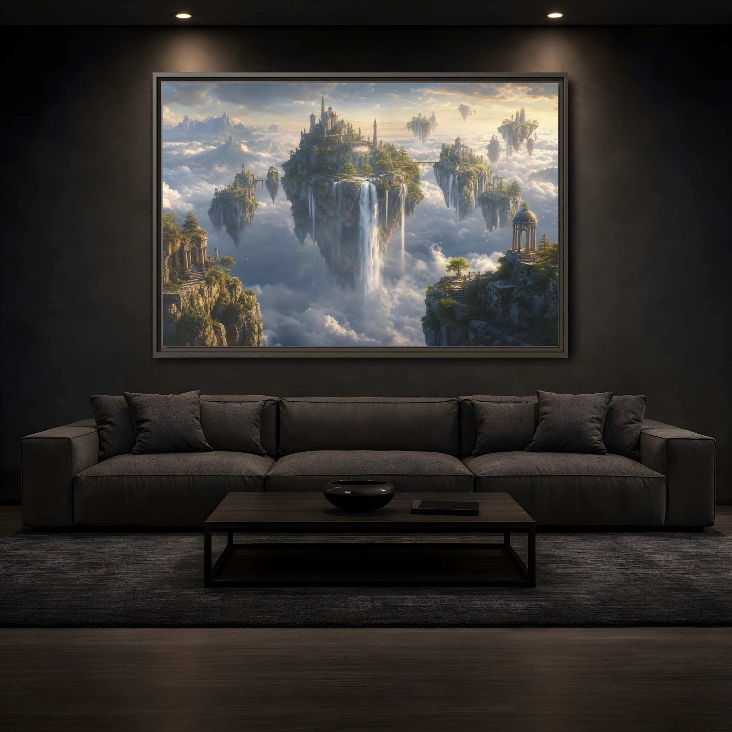 Mockup 3. Fairytale Floating Islands Fantasy Sky Kingdom shown as stretched canvas wall art