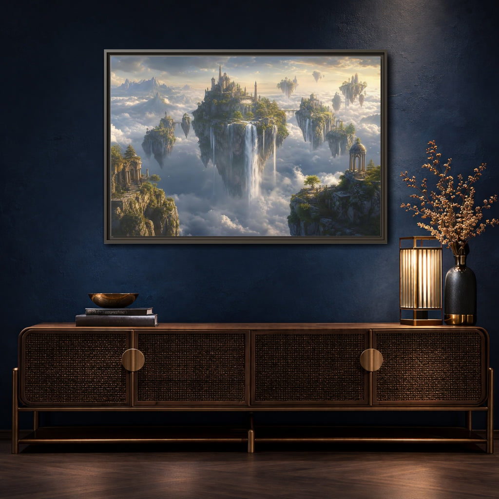 Mockup 4. Fairytale Floating Islands Fantasy Sky Kingdom shown as stretched canvas wall art