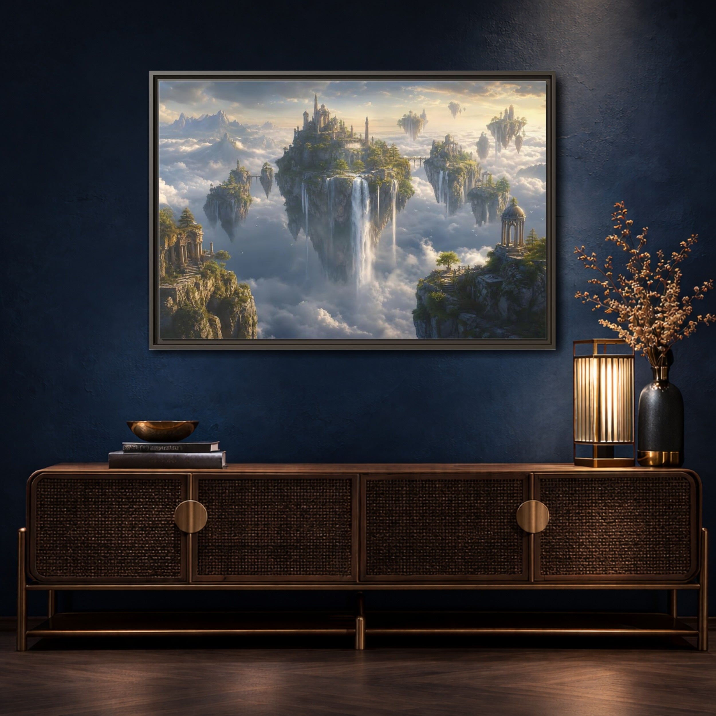 Mockup 4. Fairytale Floating Islands Fantasy Sky Kingdom shown as stretched canvas wall art