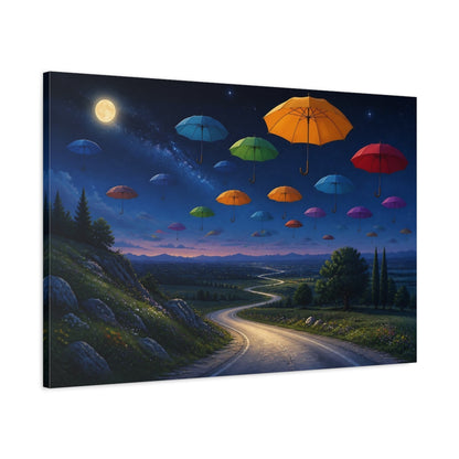 Main Mockup. Fairytale Floating Umbrellas Colorful Night Sky shown as stretched canvas wall art