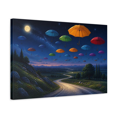 Side Mockup 3. Fairytale Floating Umbrellas Colorful Night Sky shown as stretched canvas wall art
