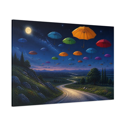 Side Mockup 1. Fairytale Floating Umbrellas Colorful Night Sky shown as stretched canvas wall art