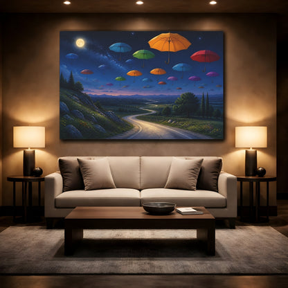 Mockup 2. Fairytale Floating Umbrellas Colorful Night Sky shown as stretched canvas wall art
